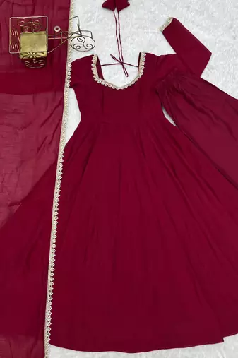Maroon anarkali gown for women with designer golden border dupatta | festive wear