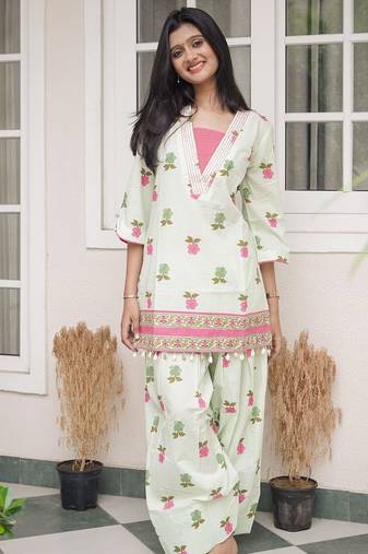 Sage Green Floral Printed Short Kurti with Farsi Pants Co-Ord Set