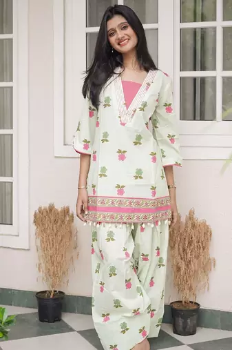 Sage Green Floral Printed Short Kurti with Farsi Pants Co-Ord Set