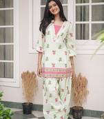 Sage Green Floral Printed Short Kurti with Farsi Pants Co-Ord Set