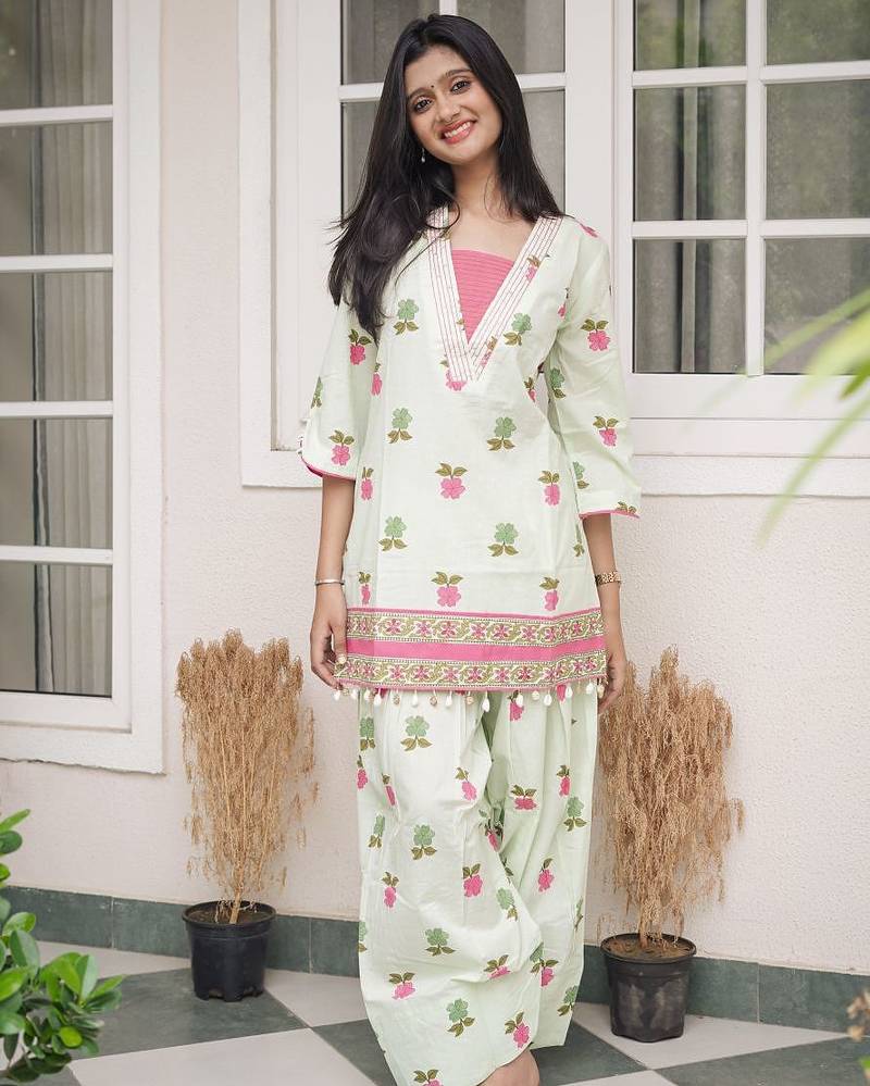 Sage Green Floral Printed Short Kurti with Farsi Pants Co-Ord Set