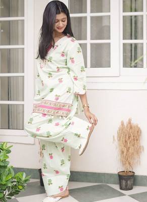 Sage Green Floral Printed Short Kurti with Farsi Pants Co-Ord Set 2