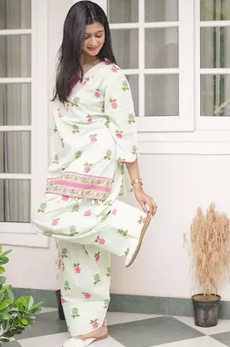 Sage Green Floral Printed Short Kurti with Farsi Pants Co-Ord Set