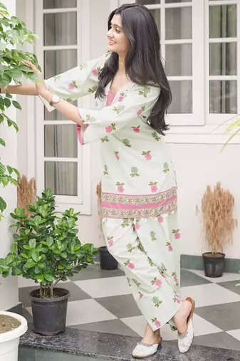 Sage Green Floral Printed Short Kurti with Farsi Pants Co-Ord Set