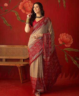 Beige georgette bandhni printed saree with unstitched blouse piece. 1