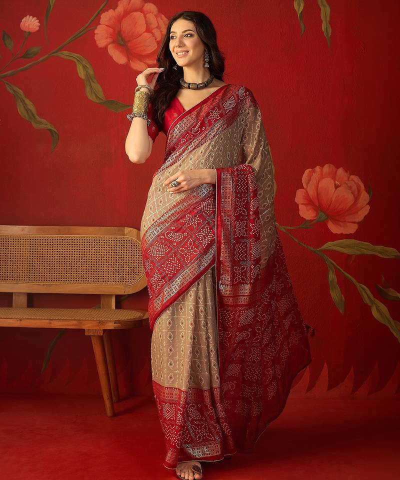 Beige georgette bandhni printed saree with unstitched blouse piece.