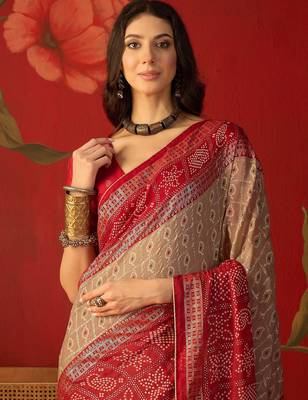 Beige georgette bandhni printed saree with unstitched blouse piece. 4