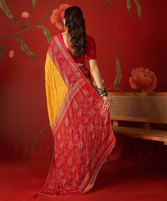 Mustard georgette bandhni printed saree with unstitched blouse piece. 4