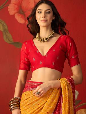 Mustard georgette bandhni printed saree with unstitched blouse piece. 5