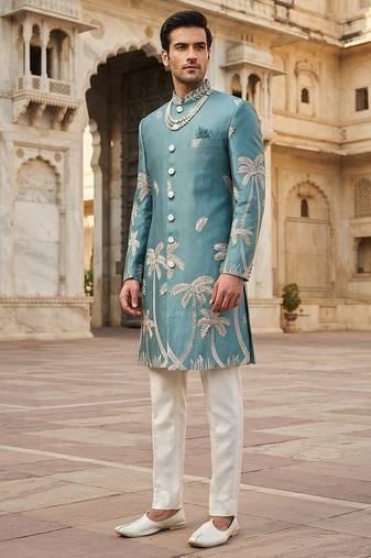 Sky blue indowestern for men