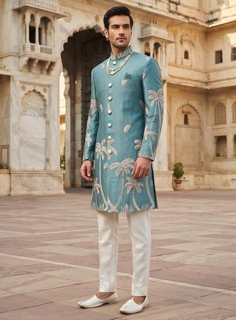 Sky blue indowestern for men