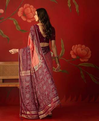 Pink georgette bandhni printed saree with unstitched blouse piece. 3