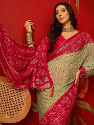 Pista georgette bandhni printed saree with unstitched blouse piece. 2