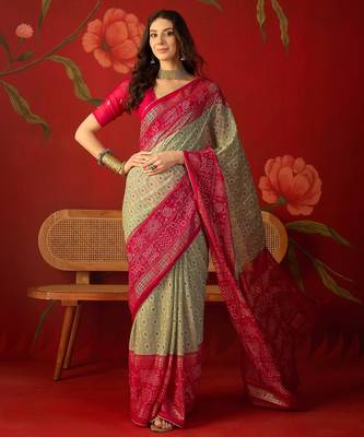 Pista georgette bandhni printed saree with unstitched blouse piece. 1