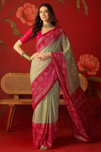 Pista georgette bandhni printed saree with unstitched blouse piece.