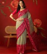 Pista georgette bandhni printed saree with unstitched blouse piece.