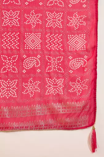 Pista georgette bandhni printed saree with unstitched blouse piece.