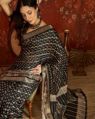 Black silk cotton bandhni saree with unstitched blouse piece. 2