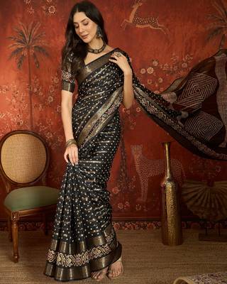 Black silk cotton bandhni saree with unstitched blouse piece. 1