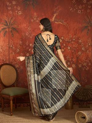 Black silk cotton bandhni saree with unstitched blouse piece. 3