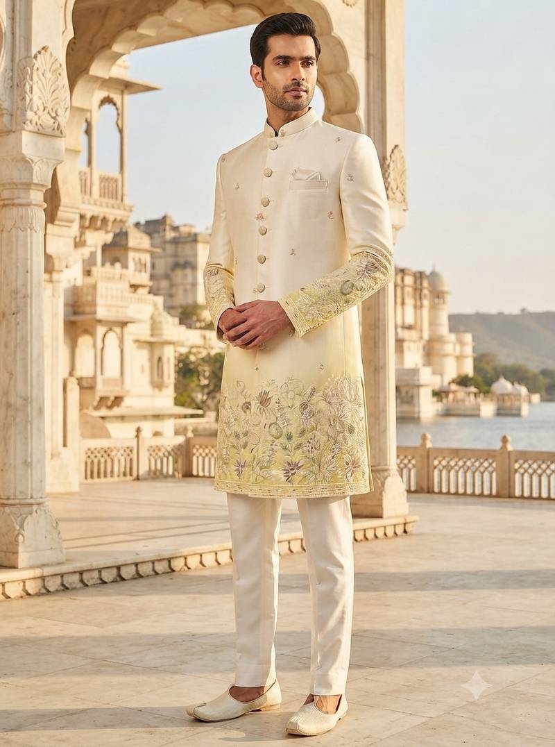 Yellow shaded indowestern for men
