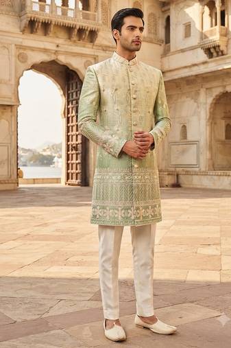 Pista green shaded indowestern for men