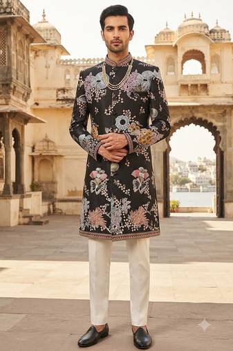 Floral black embroidered indowestern for men