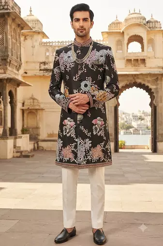 Floral black embroidered indowestern for men