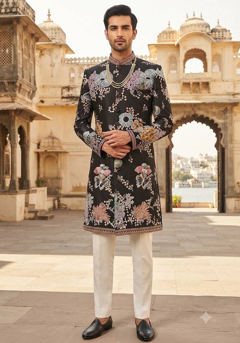 Floral black embroidered indowestern for men