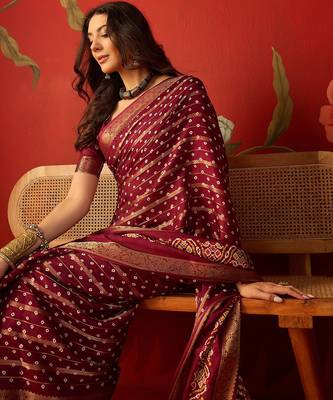 Maroon silk cotton bandhni saree with unstitched blouse piece. 1