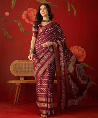 Maroon silk cotton bandhni saree with unstitched blouse piece. 2