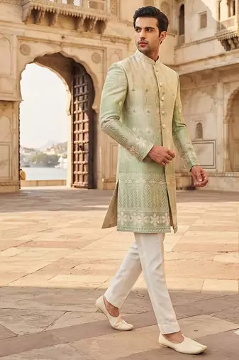 Pista green shaded indowestern for men