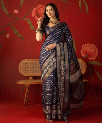 Navy blue silk cotton bandhni saree with unstitched blouse piece. 1