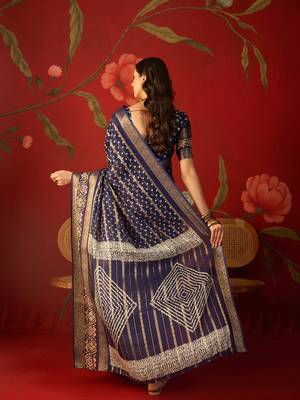 Navy blue silk cotton bandhni saree with unstitched blouse piece. 3