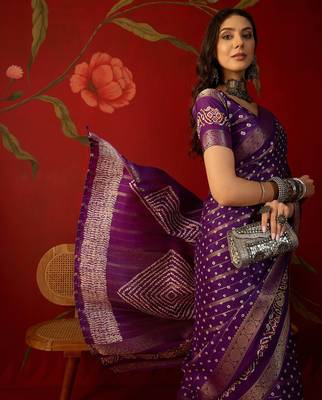 Purple silk cotton bandhni saree with unstitched blouse piece. 2