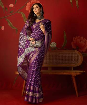 Purple silk cotton bandhni saree with unstitched blouse piece. 1