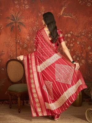 Red silk cotton bandhni saree with unstitched blouse piece. 3