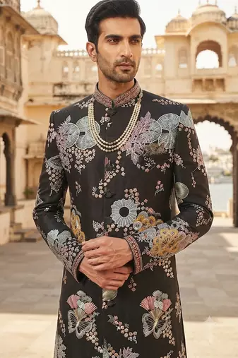 Floral black embroidered indowestern for men