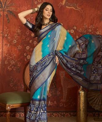 Blue silk cotton bandhni saree with unstitched blouse piece. 2