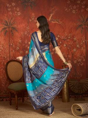 Blue silk cotton bandhni saree with unstitched blouse piece. 3