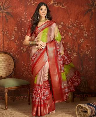 Red silk cotton bandhni saree with unstitched blouse piece. 2