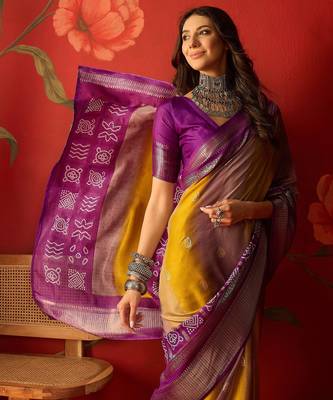 Wine silk cotton bandhni saree with unstitched blouse piece. 1