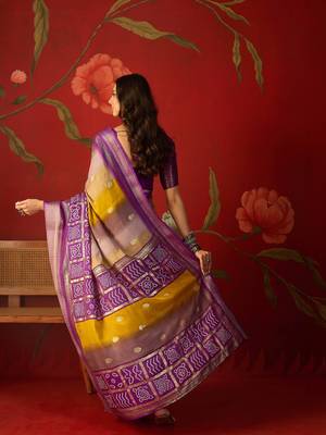 Wine silk cotton bandhni saree with unstitched blouse piece. 3