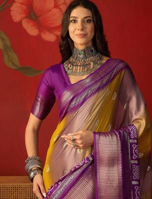Wine silk cotton bandhni saree with unstitched blouse piece. 4