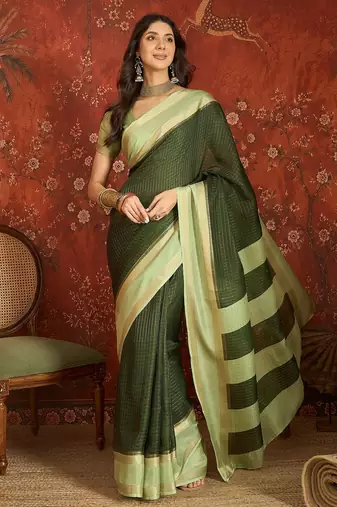 Green chiffon zari checks saree with unstitched blouse piece.