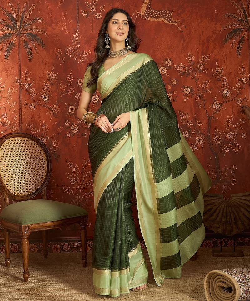Green chiffon zari checks saree with unstitched blouse piece.
