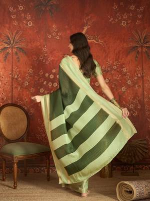 Green chiffon zari checks saree with unstitched blouse piece. 2