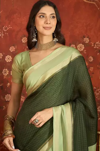 Green chiffon zari checks saree with unstitched blouse piece.