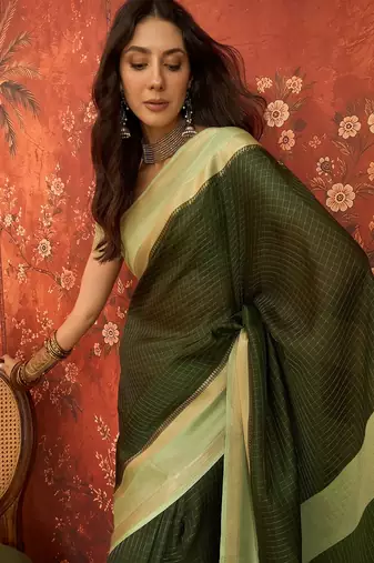 Green chiffon zari checks saree with unstitched blouse piece.