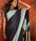 Navy blue chiffon zari checks saree with unstitched blouse piece.